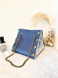 Blue leather button cube bag - lotus flowers