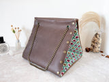Brown leather button cube bag - green floral tiles