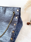 Black textured leather button cube bag - white and pink dots