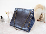 Black textured leather button cube bag - white and pink dots