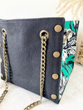 Black canvas button cube bag - green floral sketch