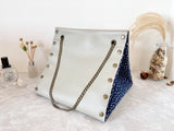 Light grey leather button cube bag - white and pink dots
