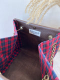 Brown leather button cube bag - red plaid