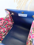 Blue leather button cube bag - red floral