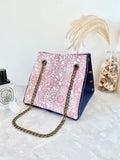 Blue leather button cube bag - red lace