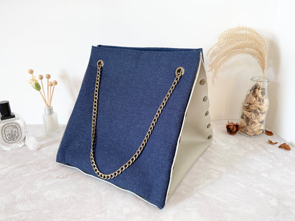 Light grey leather button cube bag - blue denim