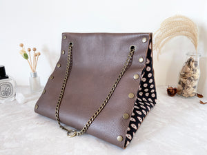 Brown leather button cube bag - paisley dots
