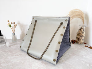 Light grey leather button cube bag - mini dotted eyes print