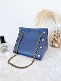 Blue leather button cube bag - mini eye dots