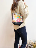 Black canvas button cube bag - yellow sunflowers