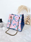 Blue leather button cube bag - cherry blossoms