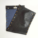 Black textured leather button cube bag - blue denim
