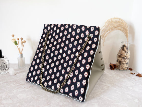 Light grey leather button cube bag - paisley dots