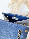 Blue leather button cube bag - woven chevron stripes