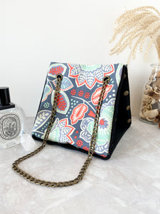 Black canvas button cube bag - turquoise floral