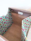 Brown leather button cube bag - green floral tiles