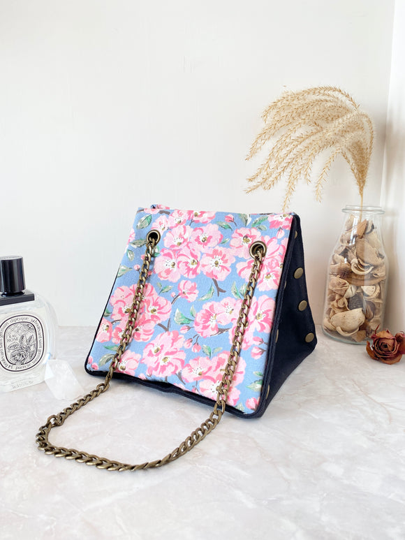 Black canvas button cube bag - cherry blossom