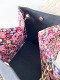 Black canvas button cube bag - pink floral