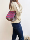 Brown leather button cube bag - red plaid