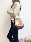 Brown leather button cube bag - Yellow floral
