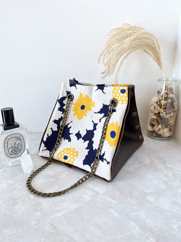 Brown leather button cube bag - sunflower