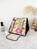 Black canvas button cube bag - yellow sunflowers