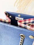 Blue leather button cube bag - red blue checker