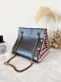 Black textured leather button cube bag - red blue checker