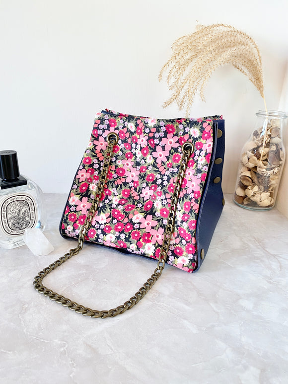 Blue leather button cube bag - red floral