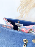 Blue leather button cube bag - cherry blossoms