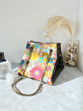 Brown leather button cube bag - Yellow floral