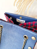 Blue leather button cube bag - red plaid