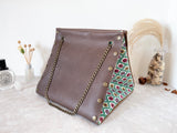 Brown leather button cube bag - green floral tiles