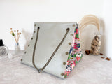 Light grey leather button cube bag - daisies