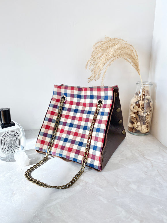 Brown leather button cube bag - red blue checkers