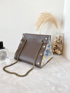 Brown leather button cube bag - lotus flowers