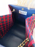Blue leather button cube bag - red plaid